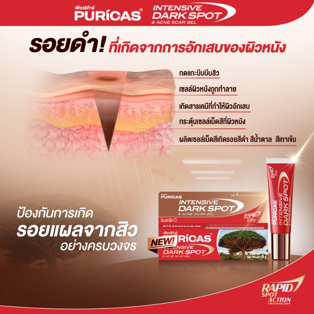 Puricas Intensive Dark Spot & Acne Scar gel 8g, Puricas ราคา , Puricas รีวิว , Puricas รอยดำ , Puricas รอยสิว